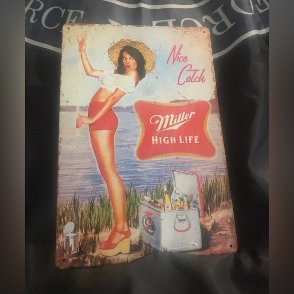 Miller High Life Style Sexy Pin-up Girl NICE CATCH Metal Fishing Beer Sign NEW
